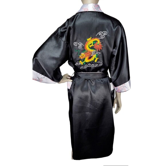 Reversible Black Satin Embroidered Dragon Floral Belted Robe Size Medium - Picture 1 of 10